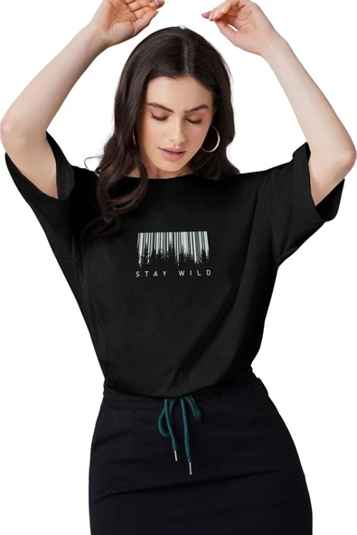 Kadın Siyah Stay Wild Baskılı Oversize T-shirt