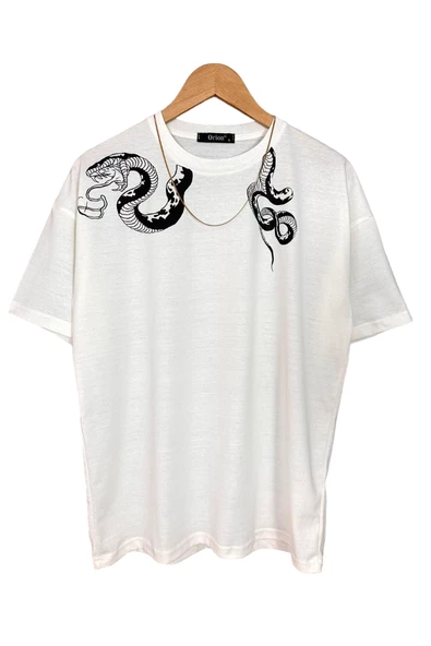 Erkek Yılan Baskılı Oversize Bisiklet Yaka T-Shirt - 2