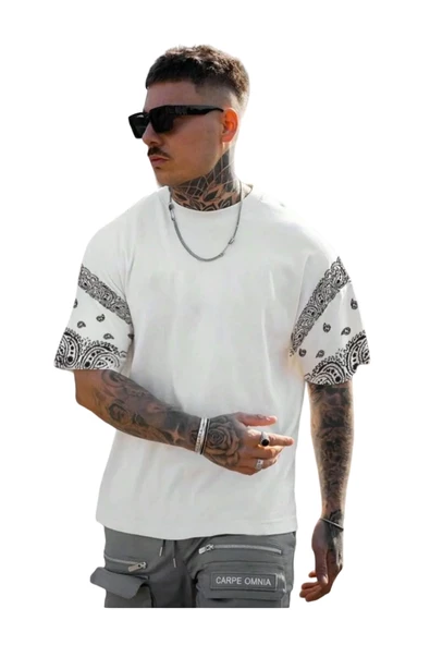 Erkek Duman Gri Kol Desenli Oversize T-shirt - 2