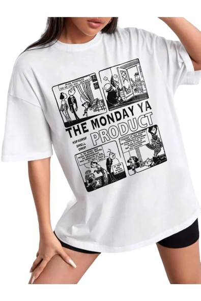 Kadın Beyaz The Monday Baskılı Oversize T-shirt