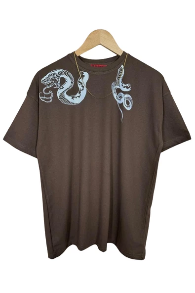 Erkek Yılan Baskılı Oversize Bisiklet Yaka T-Shirt - 4