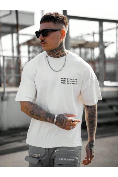 Erkek Faith Over Baskılı Oversize T-shirt - 10
