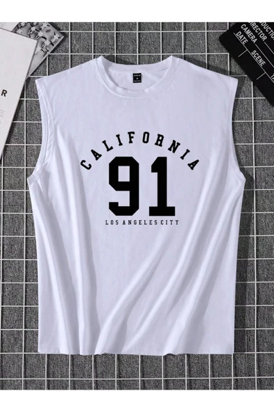 Erkek Beyaz California 91 Baskılı Kolsuz T-shirt - 4