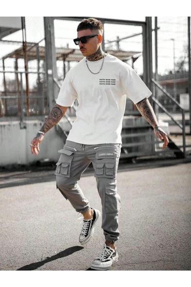 Erkek Faith Over Baskılı Oversize T-shirt - 9