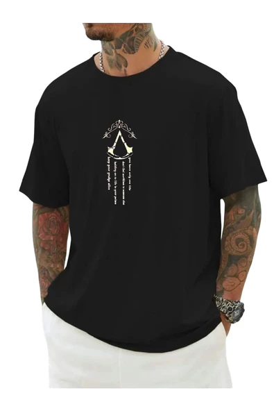 Erkek Siyah V Dikey Baskılı Oversize Bisiklet Yaka T-shirt