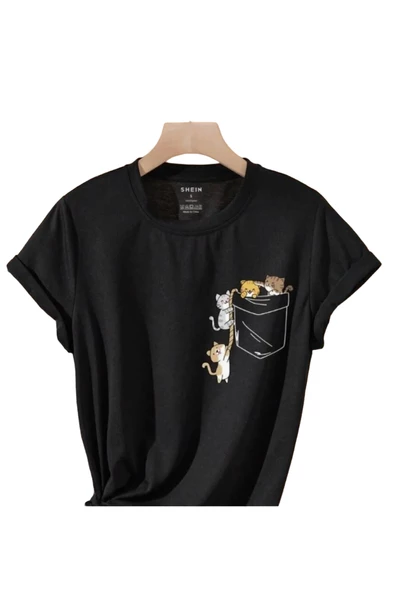 Kadın Kedi Cep Baskılı Regular T-shirt - 2