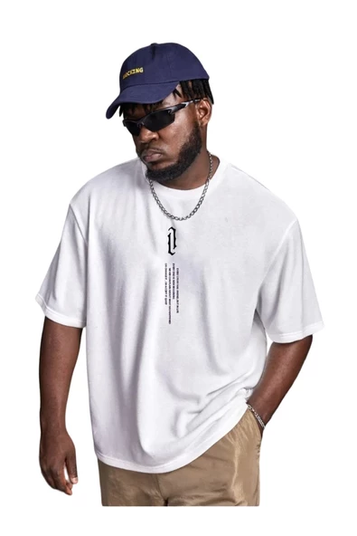 Erkek Göğüs Dikey Baskılı Oversize T-shirt - 2