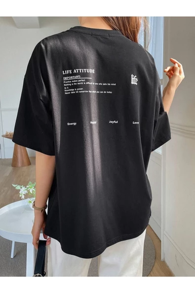 Kadın Life Sırt Baskılı Oversize Bisiklet Yaka T-shirt - 6