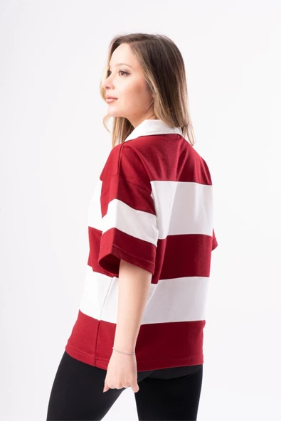 Kadın Polo Yaka Çizgili Oversize T-Shirt - 11