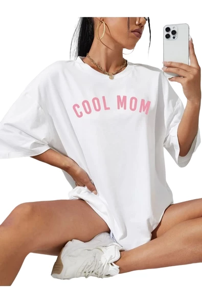 Kadın Cool Mom Baskılı Oversize Bisiklet Yaka T-shirt - 2