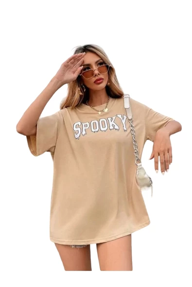 Unisex Bej Spooky Baskılı Oversize T-shirt