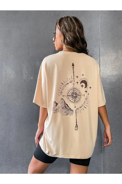 Unisex Bej Pusula Sırt Baskılı Oversize T-shirt - 2