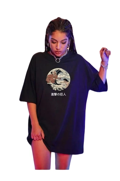 Unisex Siyah Ön Yuvarlak Baskılı Oversize Tshirt