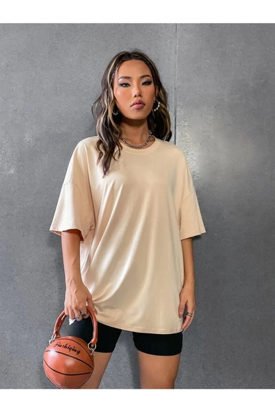 Unisex Bej Pusula Sırt Baskılı Oversize T-shirt - 4