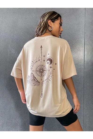 Unisex Bej Pusula Sırt Baskılı Oversize T-shirt - 3