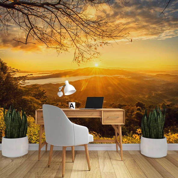 Dağ Manzaralı Gündoğumu Duvar Kağıdı Baskı - Resim 4