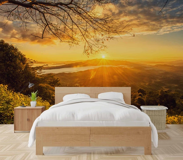 Dağ Manzaralı Gündoğumu Duvar Kağıdı Baskı - Resim 2