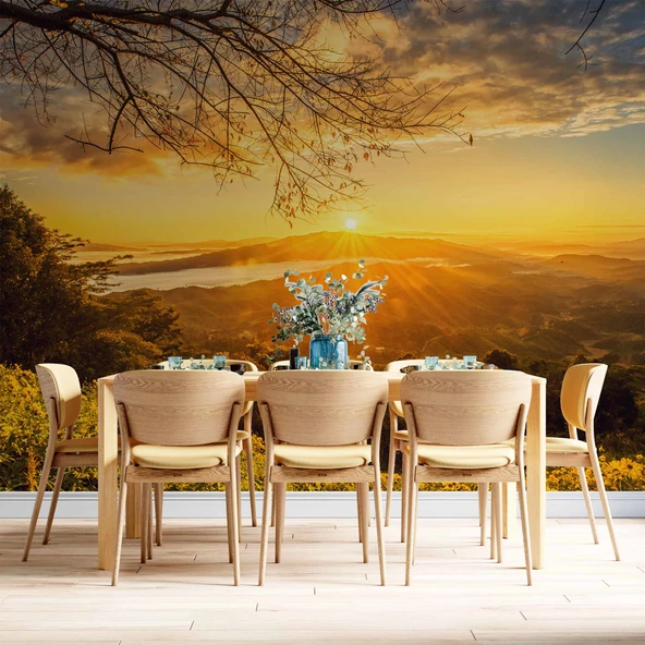 Dağ Manzaralı Gündoğumu Duvar Kağıdı Baskı - Resim 5