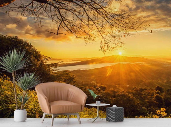 Dağ Manzaralı Gündoğumu Duvar Kağıdı Baskı - Resim 6