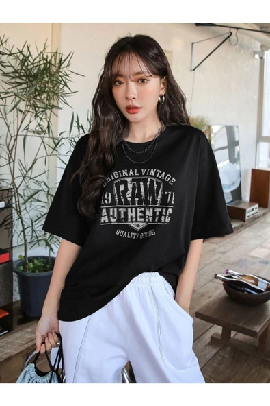 Unisex Raw Baskılı Oversize T-shirt - 4