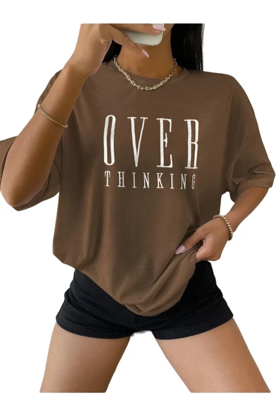 Unisex Over Think Baskılı Oversize T-shirt - 3