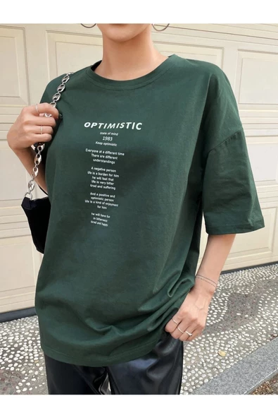 Unisex Optimistic Baskılı Oversize Tshirt - 8