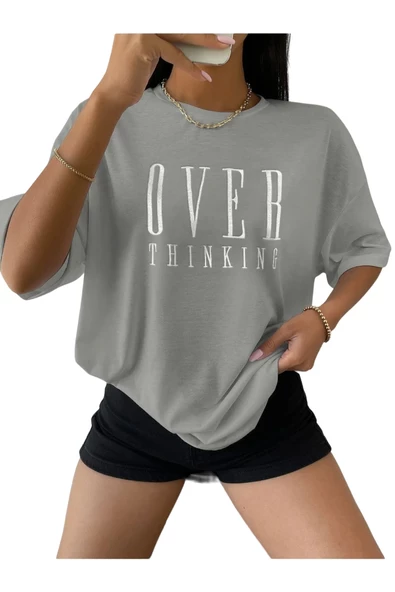 Unisex Over Think Baskılı Oversize T-shirt - 2