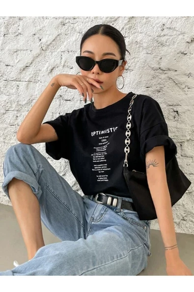 Unisex Optimistic Baskılı Oversize Tshirt - 5