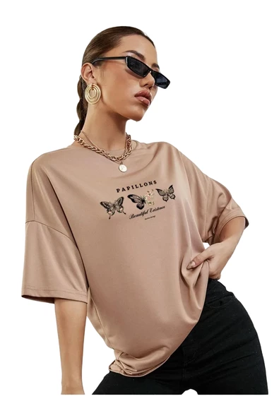 Unisex Kelebek Baskılı Oversize T-shirt