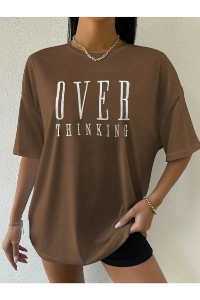 Unisex Over Think Baskılı Oversize T-shirt - 9