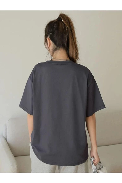 Unisex Antrasit Polite Romantic Baskılı Oversize Tshirt - 4
