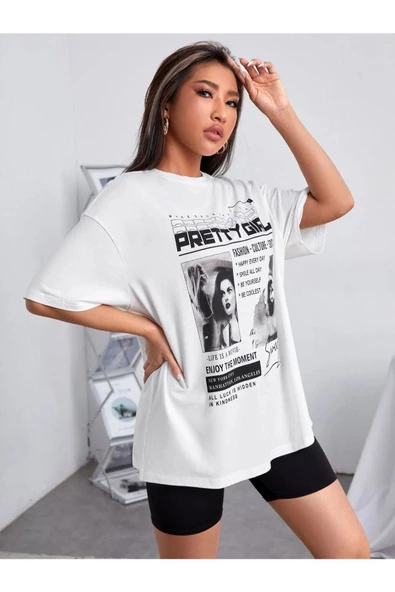 Unisex Beyaz Preetty Girtl Baskılı Oversize T-shirt - 4
