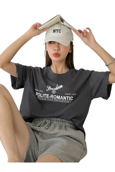 Unisex Antrasit Polite Romantic Baskılı Oversize Tshirt