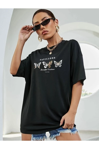 Unisex Kelebek Baskılı Oversize T-shirt - 3