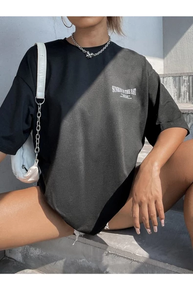 Unisex Siyah Dalga Sırt Baskılı Oversize Tshirt - 3