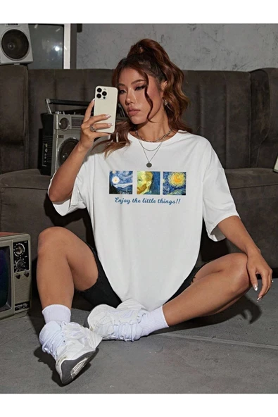Unisex Beyaz Enjoy Van Gogh Baskılı Bisiklet Yaka Oversize T-shirt - 2