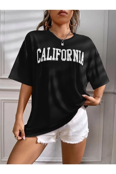 Unisex Siyah California Baskılı Oversize Tshirt - 2