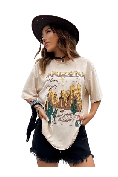 Unisex Bej Arizona Baskılı Oversize Bisiklet Yaka T-shirt