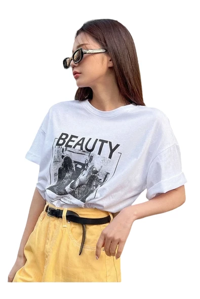 Unisex Beyaz Beauty Baskılı Oversize Bisiklet Yaka T-shirt