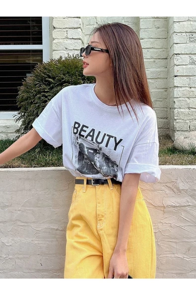 Unisex Beyaz Beauty Baskılı Oversize Bisiklet Yaka T-shirt - 2