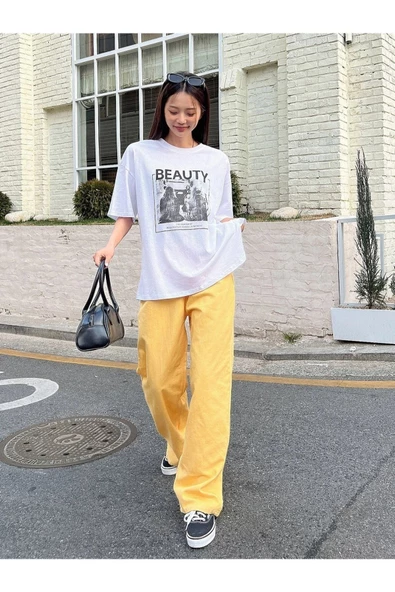 Unisex Beyaz Beauty Baskılı Oversize Bisiklet Yaka T-shirt - 4