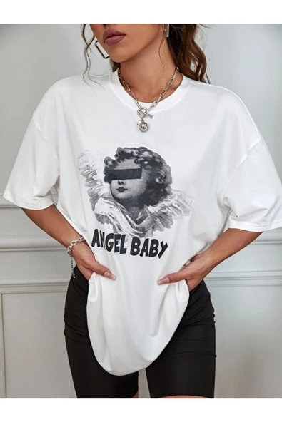 Unisex Beyaz Angel Baby Baskılı Oversize T-shirt - 2
