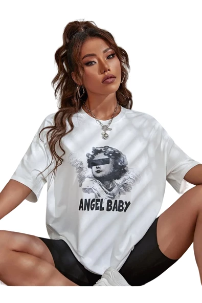 Unisex Beyaz Angel Baby Baskılı Oversize T-shirt