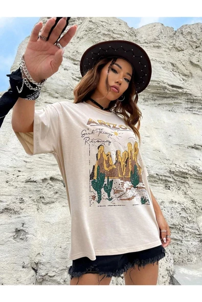 Unisex Bej Arizona Baskılı Oversize Bisiklet Yaka T-shirt - 4