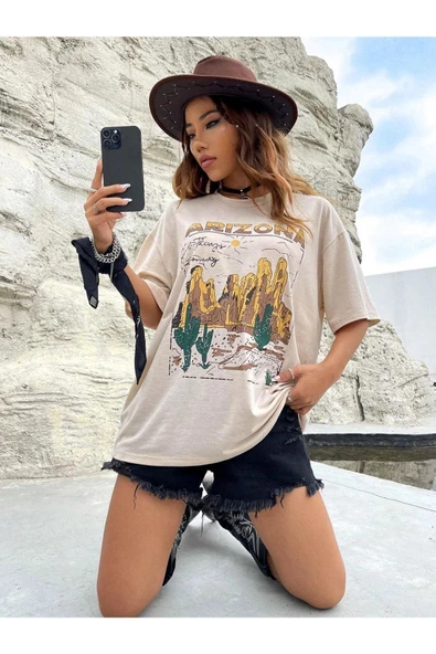 Unisex Bej Arizona Baskılı Oversize Bisiklet Yaka T-shirt - 2