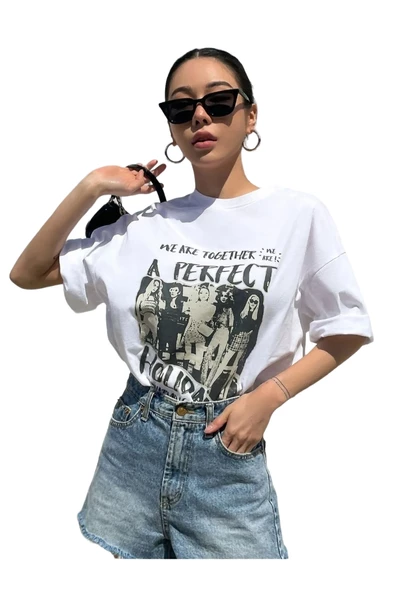 Unisex Beyaz A Perfect Baskılı Oversize Bisiklet Yaka T-shirt - 2