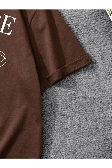 Unisex Kahve Desert Adventure Baskılı Oversize T-shirt - 3