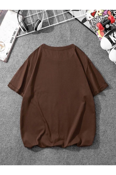 Unisex Kahve Desert Adventure Baskılı Oversize T-shirt - 4