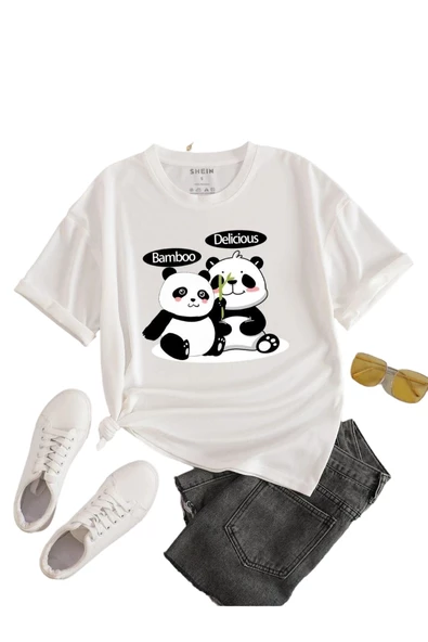 Unisex Beyaz Bamboo Panda Baskılı Oversize Bisiklet Yaka T-Shirt