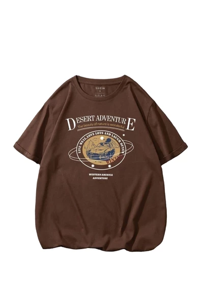 Unisex Kahve Desert Adventure Baskılı Oversize T-shirt